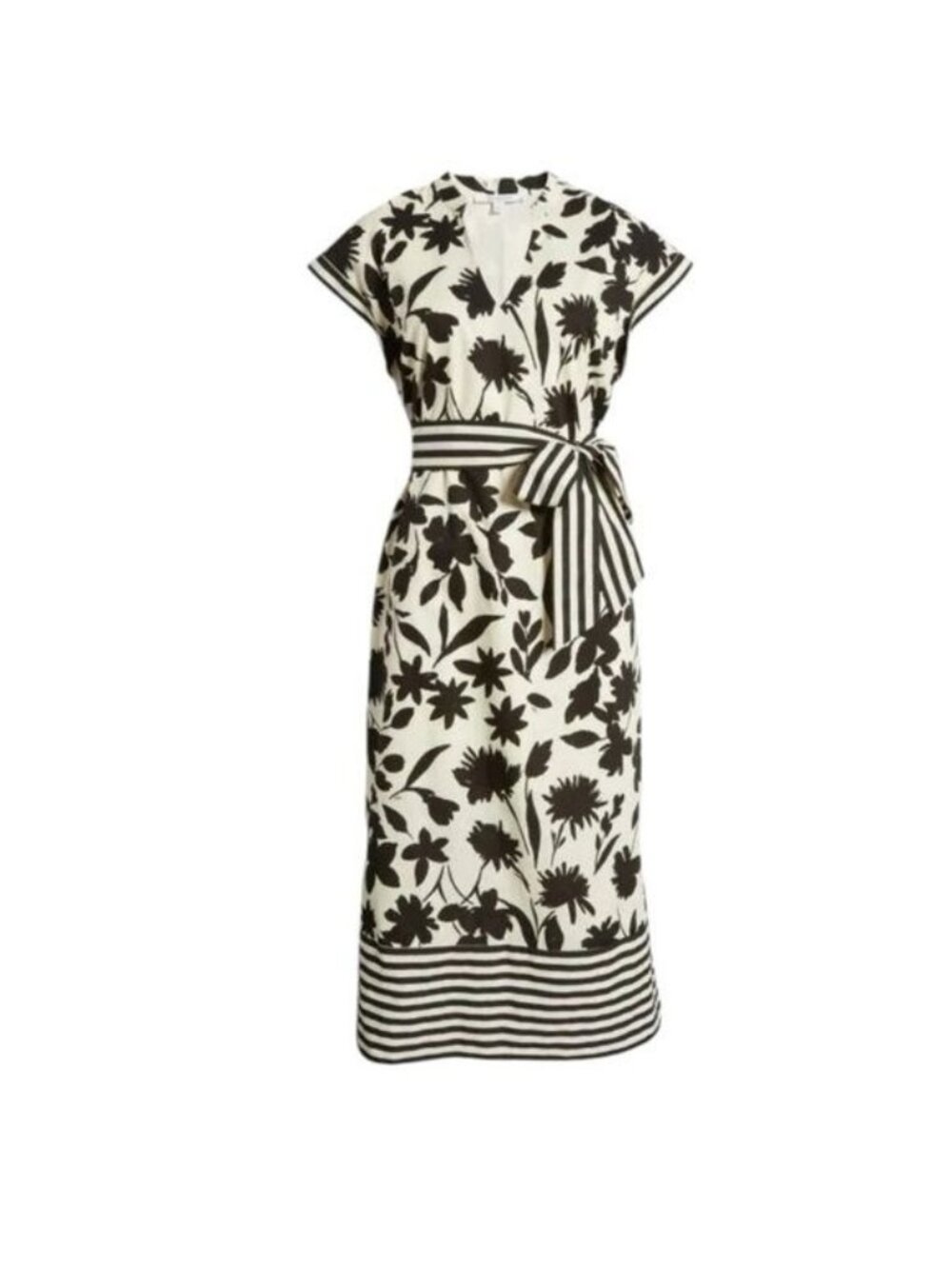 Zoe & Claire Midi Dress Womens M Black Cream Floral Striped Tie Waist - Picture 2 of 14